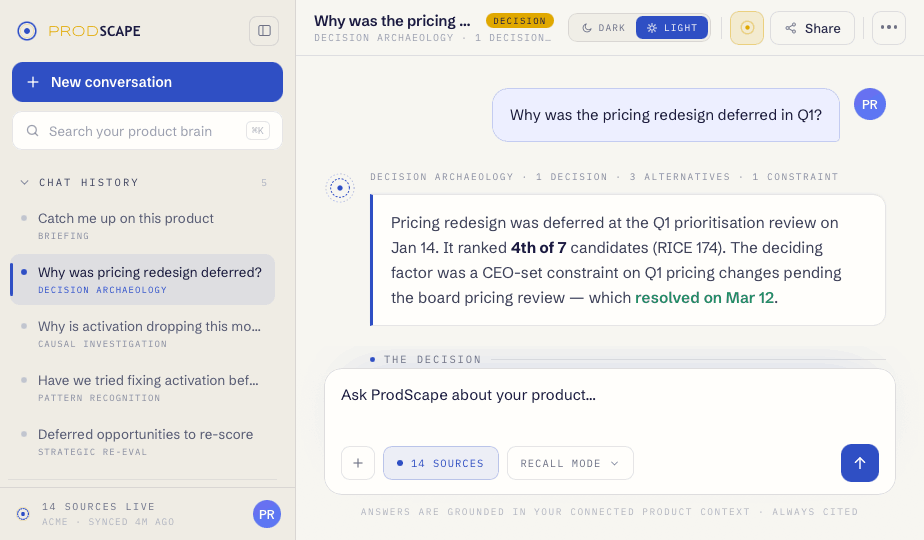 ProdScape answering why the pricing redesign was deferred, with the decision and constraints attached